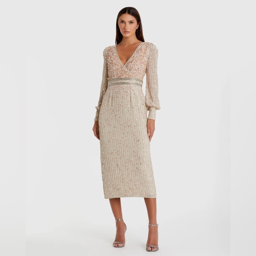 Mac Duggal Champagne Beaded Midi Dress